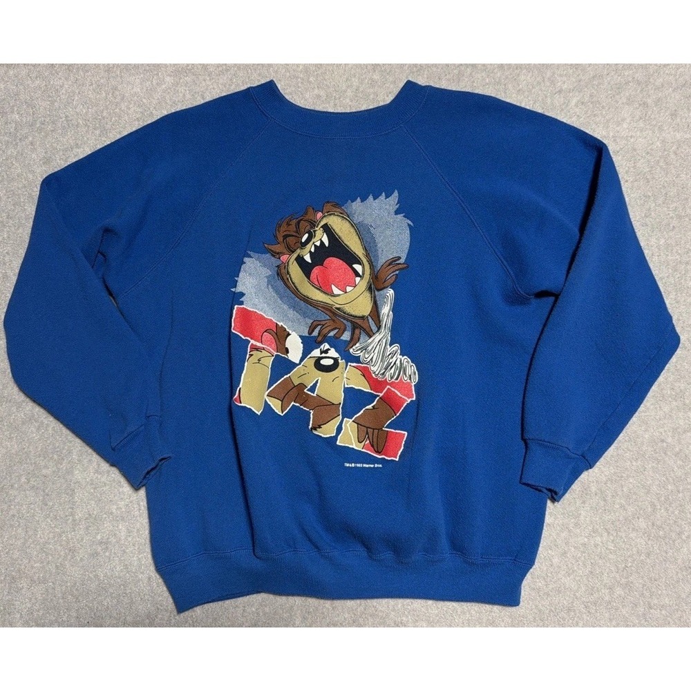 Vtg Looney Tunes TAZ TORNADO Youth Large Crewneck Blue Hanes 1995 Warner Bros